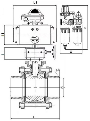 Краны шаровые DN.ru BV3232P(3pc)-FP-W-ISO-H Ду50-100 Ру63 под приварку, полнопроходные, корпус - нерж.сталь SS316, уплотнение - PTFE, с пневмоприводом PA-DA-052-083 пневмораспределителем 4V320-10 редуктором MON БПВ AFC2000 БКВ APL-510N-EX