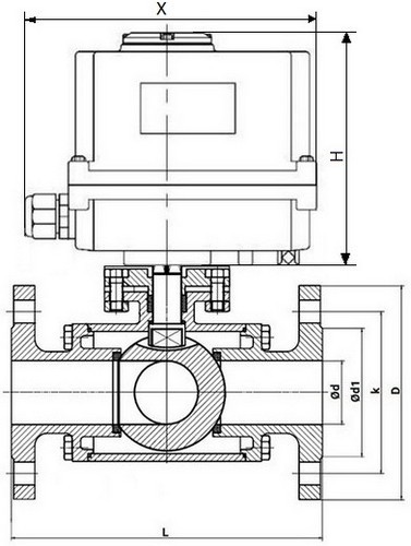Кран шаровой DN.ru BV3232P(4pc)-FP-3WL-F-ISO-H Ду15 Ру16 полнопроходной трехходовой, нержавеющая сталь SS316, фланцевый, уплотнение - PTFE, с электроприводом четвертьоборотным DN.ru QT-N-003EM-O1-220VAC-У1 MINI