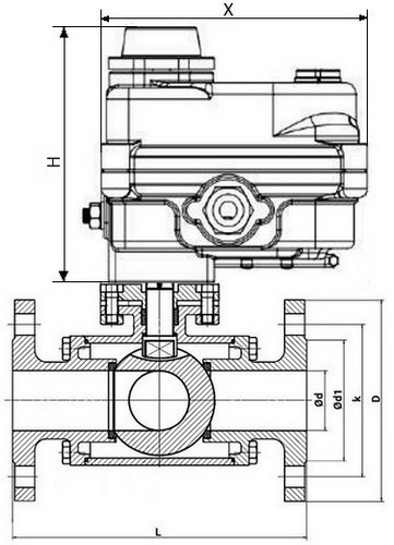 Кран шаровой DN.ru BV3232P(4pc)-FP-3WL-F-ISO-H Ду25 Ру16 полнопроходной трехходовой, нержавеющая сталь SS316, фланцевый, уплотнение - PTFE, с электроприводом четвертьоборотным DN.ru QT-N-003EM-O1-12VDC-У1 blue