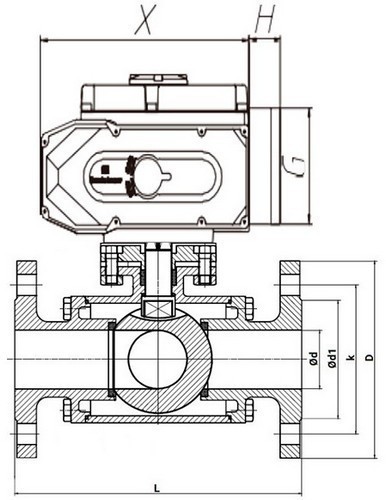 Кран шаровой DN.ru BV3232P(4pc)-FP-3WL-F-ISO-H Ду20 Ру16 полнопроходной трехходовой, нержавеющая сталь SS316, фланцевый, уплотнение - PTFE, с электроприводом четвертьоборотным DN.ru QT-N-005EM-A1-24VDC-У1