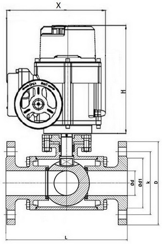 Кран шаровой DN.ru BV3232P(4pc)-FP-3WL-F-ISO-H Ду32 Ру16 полнопроходной трехходовой, нержавеющая сталь SS316, фланцевый, уплотнение - PTFE, с электроприводом четвертьоборотным DN.ru QT-N-005M-O2-220VAC-У1 с моментной муфтой и штурвалом