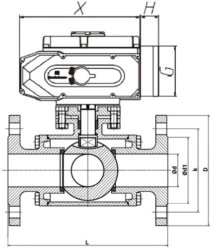 Кран шаровой DN.ru BV3232P(4pc)-FP-3WL-F-ISO-H Ду50 Ру16 полнопроходной трехходовой, нержавеющая сталь SS316, фланцевый, уплотнение - PTFE, с электроприводом 3/4-оборотным DN.ru E34-N-010EM-O1-220VAC-У1 220В