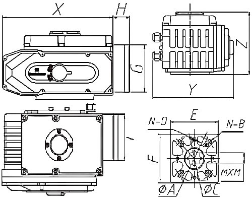 Кран шаровой DN.ru BV3232P(4pc)-FP-3WL-F-ISO-H Ду20 Ру16 полнопроходной трехходовой, нержавеющая сталь SS316, фланцевый, уплотнение - PTFE, с электроприводом четвертьоборотным DN.ru QT-N-005EM-A1-24VDC-У1