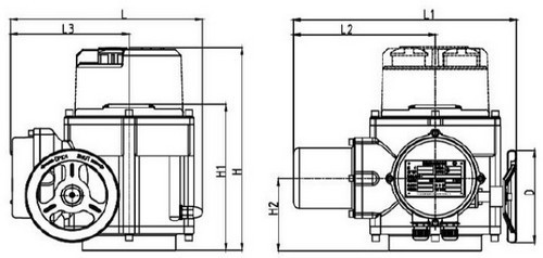 Кран шаровой DN.ru BV3232P(4pc)-FP-3WL-F-ISO-H Ду32 Ру16 полнопроходной трехходовой, нержавеющая сталь SS316, фланцевый, уплотнение - PTFE, с электроприводом четвертьоборотным DN.ru QT-N-005M-O2-220VAC-У1 с моментной муфтой и штурвалом