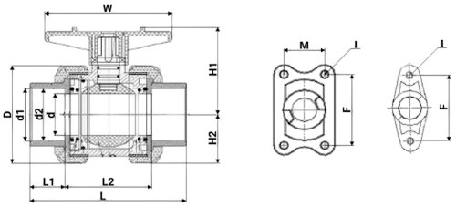 Краны шаровые DN.ru BV4242E-FP-GRM-H Дн15-100 Ру10 UPVC (НПВХ), межфланцевые, полнопроходные, клеевые с разборным муфтовым соединением, корпус - UPVC (НПВХ), диск - UPVC (НПВХ), уплотнение - EPDM, с рукояткой