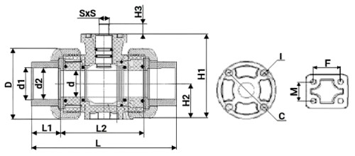 Краны шаровые DN.ru BV4242E-FP-GRM-ISO Дн15-100 Ру10 UPVC (НПВХ), межфланцевые, полнопроходные, клеевые с разборным муфтовым соединением, корпус - UPVC (НПВХ), диск - UPVC (НПВХ), уплотнение - EPDM, с ISO-фланцем и голым штоком квадратным