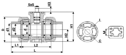 Кран шаровой DN.ru BV4242E-FP-GRM-ISO Дн15 Ру10 межфланцевый полнопроходной, корпус - НПВХ, шар - НПВХ, уплотнение - EPDM, с пневмоприводом PA-DA-052, пневмораспределителем 4M310-08 220В, ручным дублером MON1-250-T26-ISO и БКВ APL-210N