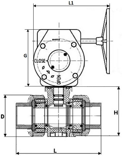 Краны шаровые DN.ru BV4242E-FP-GRM-ISO Дн50-100 Ру10 межфланцевые полнопроходные, клеевые с разборным муфтовым соединением, корпус - UPVC (НПВХ), шар - UPVC (НПВХ), уплотнение - EPDM, с редуктором DN.ru RDN RQN-Z
