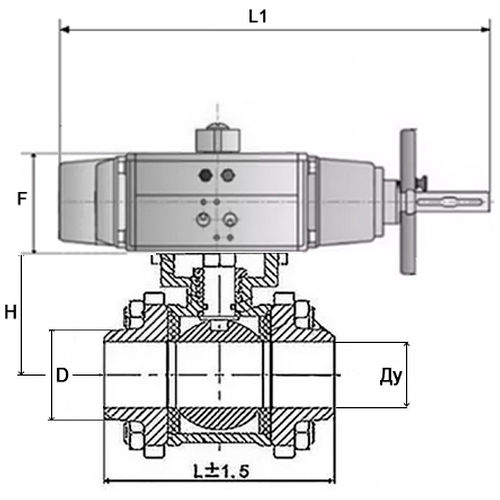 Кран шаровой DN.ru BV3232P(3pc)-FP-W-ISO-H Ду100 Ру25, полнопроходной, трехсоставной, нержавеющая сталь 316, уплотнение - PTFE, под приварку, с пневмоприводом PA-DA-105-1, пневмораспределителем 4V320-08 220В