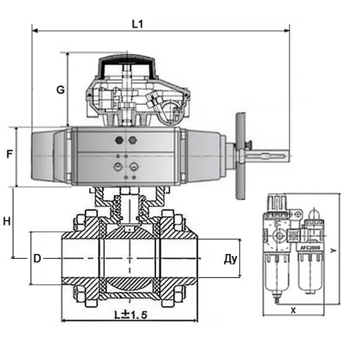 Кран шаровой DN.ru BV3232P(3pc)-FP-W-ISO-H Ду80 Ру25, полнопроходной, трехсоставной, нержавеющая сталь 316, уплотнение - PTFE, под приварку, с пневмоприводом PA-DA-105-1, пневмораспределителем 4V320-08 220В, БКВ APL-510N Ex, БПВ AFC2000