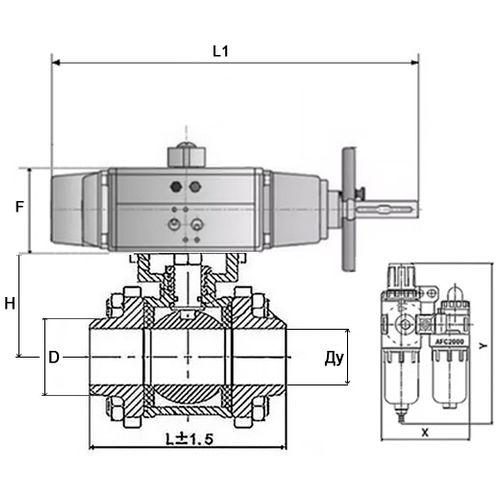 Кран шаровой DN.ru BV3232P(3pc)-FP-W-ISO-H Ду100 Ру25, полнопроходной, трехсоставной, нержавеющая сталь 316, уплотнение - PTFE, под приварку, с пневмоприводом PA-DA-105-1, пневмораспределителем 4V320-10 220В, БПВ AFC2000