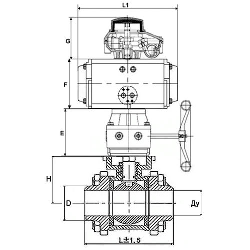 Кран шаровой DN.ru BV3232P(3pc)-FP-W-ISO-H Ду32 Ру63, полнопроходной, трехсоставной, нержавеющая сталь 316, уплотнение - PTFE, под приварку, с пневмоприводом PA-DA-065, пневмораспределителем 4V320-10 220В, БКВ APL-210N, ручным дублером MON1-250-T26-ISO