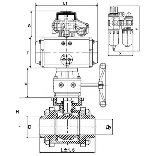 Кран шаровой DN.ru BV3232P(3pc)-FP-W-ISO-H Ду100 Ру25, полнопроходной, нержавеющая сталь 316, уплотнение - PTFE, под приварку, с пневмоприводом PA-DA-105, пневмораспределителем 4V320-10 220В, БКВ APL-410N Ex, ручным дублером MON3-700-T38-ISO, БПВ AFC2000