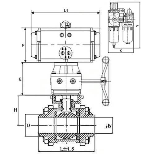 Краны шаровые DN.ru BV3232P(3pc)-FP-W-ISO-H Ду10-100 Ру25-63, полнопроходные, трехсоставные, нержавеющая сталь 316, уплотнение - PTFE, под приварку, с пневмоприводом PA-DA, пневмораспределителем 4V320-10 220В, ручным дублером MON, БПВ AFC2000