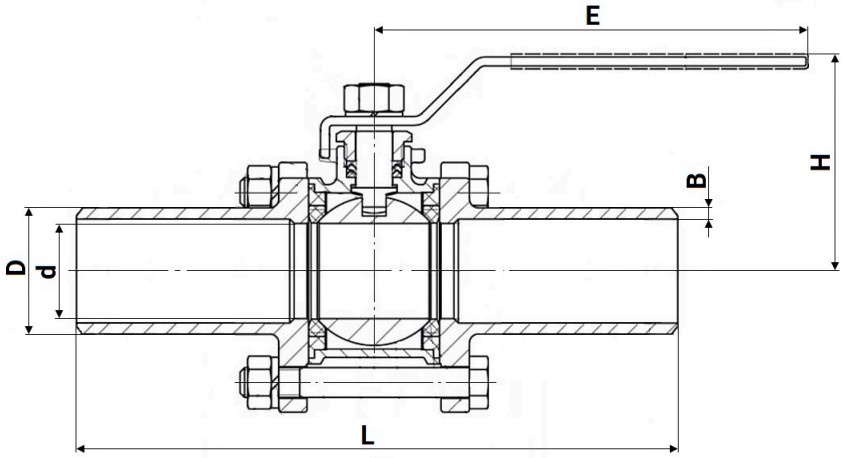 Кран шаровой DN.ru BV3232P(3pc)-FP-W-H Ду150 Ру16 полнопроходной, нержавеющая сталь 316, под приварку, с рукояткой