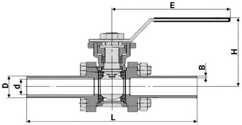 Кран шаровой DN.ru BV3131P(3pc)-FP-W-ISO-H LONG Ду80 Ру25 полнопроходной, трехсоставной, корпус - нержавеющая сталь 304, уплотнение - PTFE, под приварку, с рукояткой