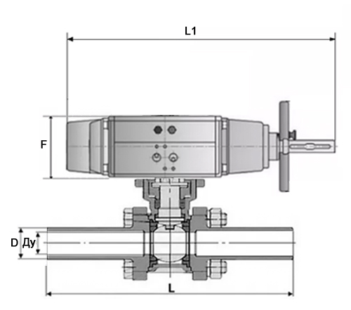 Краны шаровые DN.ru BV3232P(3pc)-FP-W-ISO-H LONG Ду80-100 Ру16-25, полнопроходные, трехсоставные, нержавеющая сталь 316, уплотнение - PTFE, под приварку, с пневмоприводом PA-DA-105-1, с пневмораспределителем 4V320-08 220В
