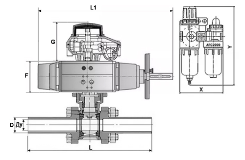 Кран шаровой DN.ru BV3131P(3pc)-FP-W-ISO-H LONG Ду100 Ру16, полнопроходной, трехсоставной, нержавеющая сталь 304, уплотнение - PTFE, под приварку, с пневмоприводом PA-DA-105-1, с пневмораспределителем 4V320-10 220В, БКВ APL-210N, БПВ AFC2000