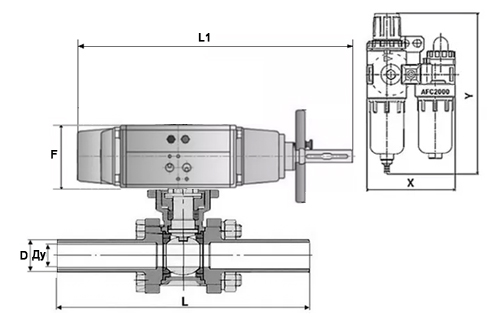 Краны шаровые DN.ru BV3232P(3pc)-FP-W-ISO-H LONG Ду80-100 Ру16-25, полнопроходные, трехсоставные, нержавеющая сталь 316, уплотнение - PTFE, под приварку, с пневмоприводом PA-DA-105-1, с пневмораспределителем 4V320-10 220В, БПВ AFC2000
