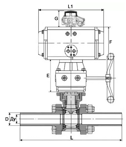 Краны шаровые DN.ru BV3131P(3pc)-FP-W-ISO-H LONG Ду10-150 Ру16-64, полнопроходные, нержавеющая сталь 304, уплотнение - PTFE, под приварку, с пневмоприводом PA-DA, с пневмораспределителем 4V320-08 220В, БКВ APL-510N Ex, ручным дублером MON