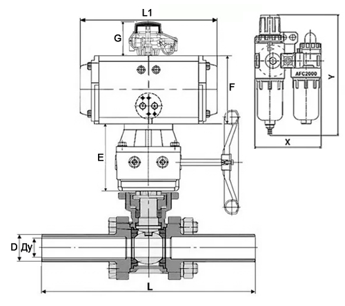 Краны шаровые DN.ru BV3131P(3pc)-FP-W-ISO-H LONG Ду10-150 Ру16-64, полнопроходные, нержавеющая сталь 304, PTFE, под приварку, с пневмоприводом PA-DA, с пневмораспределителем 4V320-10 220В, БКВ APL-510N Ex, ручным дублером MON, БПВ AFC2000