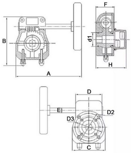Кран шаровой DN.ru BV3131P(3pc)-FP-F-ISO-H Ду100 Ру16 полнопроходной трехсоставной, фланцевый, нержавеющая сталь 304, уплотнение - PTFE,  22х22, F10, WDVF, с редуктором четвертьоборотным DN.ru HGB RQN3-680Z с визуальным указателем положения