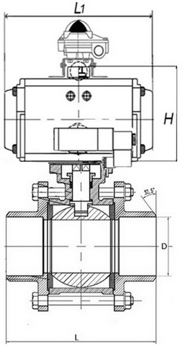 Краны шаровые DN.ru BV3232P(3pc)-FP-W-ISO-H Ду10-100 Ру63 под приварку, полнопроходные, корпус - нержавеющая сталь SS316, уплотнение - PTFE, с пневмоприводом DN.ru PA-SA 052-130 пневмораспределителем 4M310-08 24В БКВ APL-510N-EX