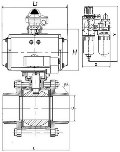 Краны шаровые DN.ru BV3232P(3pc)-FP-W-ISO-H Ду10-100 Ру63 под приварку, полнопроходные, корпус - нерж. сталь SS316, уплотнение - PTFE, с пневмоприводом DN.ru PA-SA 052-130 пневмораспределителем 4V320-10 БПВ AFC2000 APL-510N-EX