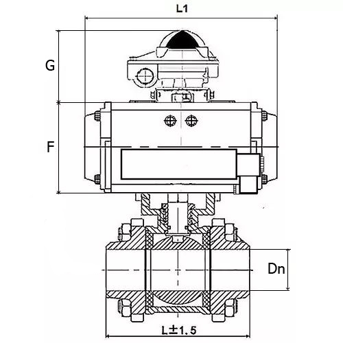 Кран шаровой DN.ru BV3232P(3pc)-FP-W-ISO-H Ду32 Ру63, полнопроходной под приварку, нержавеющая сталь SS316, уплотнение - PTFE, с пневмоприводом DN.ru PA-DA-065 двойного действия, с пневмораспределителем 4M310-08 24В, с БКВ APL-210N