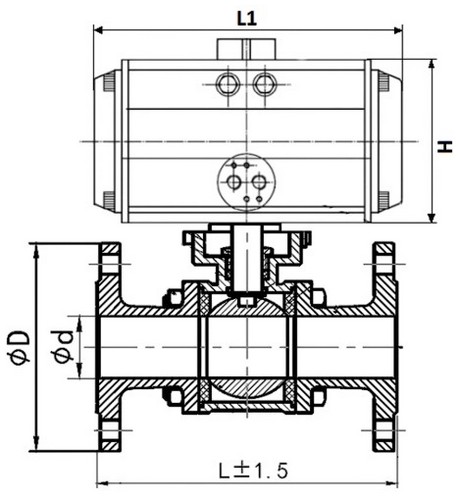 Кран шаровой DN.ru BV3131P(3pc)-FP-F-ISO-H Ду100 Ру16 полнопроходной трехсоставной, фланцевый, нержавеющая сталь 304, уплотнение - PTFE, с пневмоприводом PA-SA-140 и магнитным переключателем ALS200D