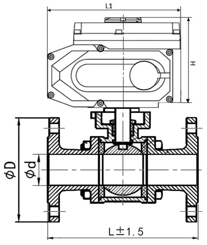 Кран шаровой DN.ru BV3131P(3pc)-FP-F-ISO-H Ду100 Ру16 полнопроходной трехсоставной, фланцевый, нержавеющая сталь 304, уплотнение - PTFE, 22х22, F10, WDVF, с электроприводом четвертьоборотным DN.ru QT-N-020EM-O1-24VDC-У1