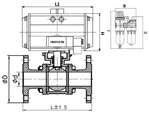 Кран шаровой DN.ru BV3131P(3pc)-FP-F-ISO-H Ду50 Ру40, трехсоставной полнопроходной фланцевый, нержавеющая сталь SS304, уплотнение - PTFE, с пневмоприводом PA-SA-105 с возвратными пружинами, с пневмораспределителем 4M310-08 24В, с БПВ AFC2000