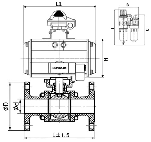 Кран шаровой DN.ru BV3232P(3pc)-FP-F-ISO-H Ду100 Ру16 полнопроходной трехсоставной, фланцевый, нержавеющая сталь 316, уплотнение - PTFE, 22х22, F10, WDVF, с пневмоприводом DN.ru PA-SA-140, пневмораспределителем 4M310-08 220В, БКВ APL-210N и БПВ AFC2000