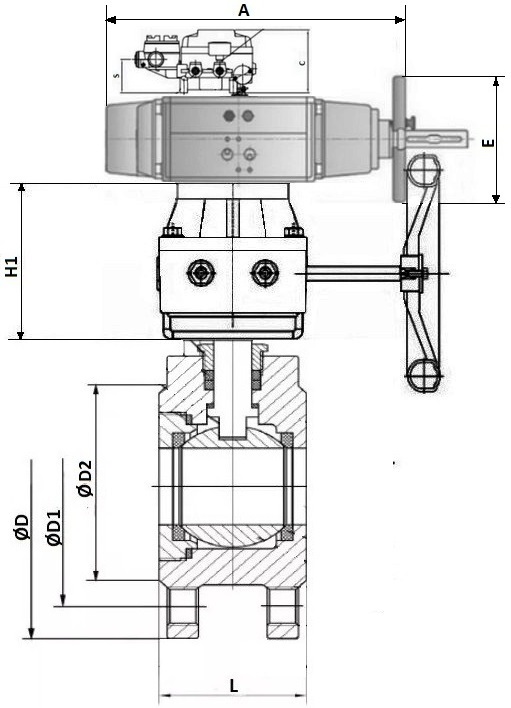 Кран шаровой DN.ru BV3232P-FP-Fb Ду100 Ру16 полнопроходной межфланцевый, корпус - нерж.сталь 316, уплотнение - PTFE, с пневмоприводом DN.ru PA-DA-105-1, электропневматическим поворотным позиционером YT-1000RSI с обратной связью и ручным дублером HDM-3
