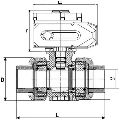 Краны шаровые DN.ru BV4242E-FP-GRM-ISO Дн65-100 Ру10 полнопроходные, клеевые с разборным муфтовым соединением, корпус - UPVC (НПВХ), шар - UPVC (НПВХ), уплотнение - EPDM, с электроприводом четвертьоборотным DN.ru QT-N-EM-A1-220VAC-У1 HARK