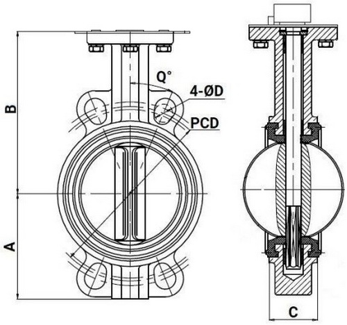 Затворы дисковые поворотные DN.ru WBV3131E-2W-Fb-H Ду200 Ру16, корпус - нержавеющая сталь 304, диск - нержавеющая сталь 304, уплотнение - EPDM, межфланцевые, с электроприводом QT-N-EM-O1-24VDC-У1 24В HARK