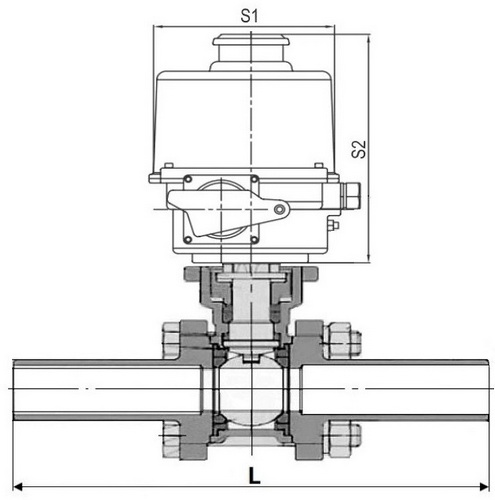 Краны шаровые DN.ru BV3232P(3pc)-FP-W-ISO-H LONG Ду10-150 Ру16-63 полнопроходные, корпус - нержавеющая сталь 316, под приварку, с 1/4-оборотным электроприводом ГЗ-ОФ 220В