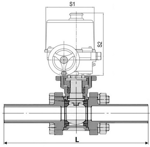 Кран шаровой DN.ru BV3232P(3pc)-FP-W-ISO-H LONG Ду80 Ру25 полнопроходной, корпус - нержавеющая сталь 316, уплотнение - PTFE, под приварку, с 1/4-оборотным электроприводом ГЗ-ОФВ-110/11М 380В