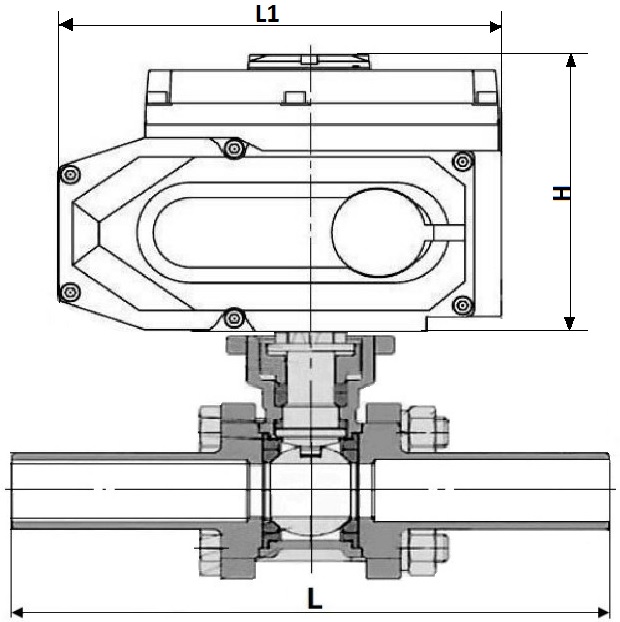 Кран шаровой DN.ru BV3131P(3pc)-FP-W-ISO-H LONG Ду20 Ру63 полнопроходной, корпус - нержавеющая сталь 304, уплотнение - PTFE, под приварку, с 1/4-оборотным электроприводом DN.ru QT-N-005EM-O1-380VAC-У1 380В