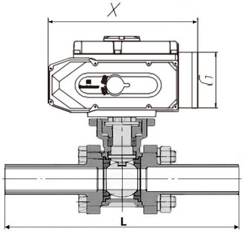 Кран шаровой DN.ru BV3232P(3pc)-FP-W-ISO-H LONG Ду10 Ру63 полнопроход., корпус - нерж.сталь 316, уплотнение - PTFE, под приварку, с 1/4-оборотным эл.приводом DN.ru QT-N-005EM-A1-220VAC-У1 c датчиком обратн. связи и входным управляющ. сигналом 4-20мА