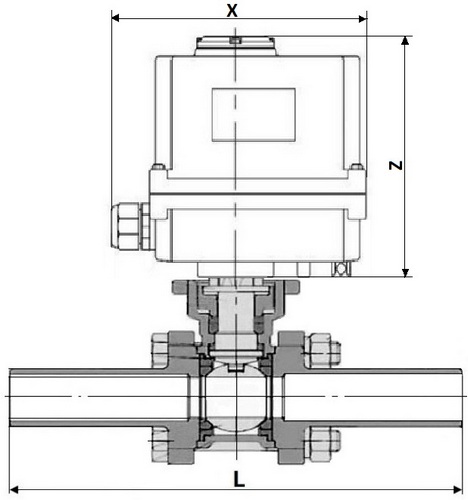 Кран шаровой DN.ru BV3232P(3pc)-FP-W-ISO-H LONG Ду10 Ру63 полнопроходной, корпус - нержавеющая сталь 316, уплотнение - PTFE, под приварку, с 1/4-оборотным электроприводом DN.ru QT-N-003EM-O1-220VAC-У1 MINI 220В