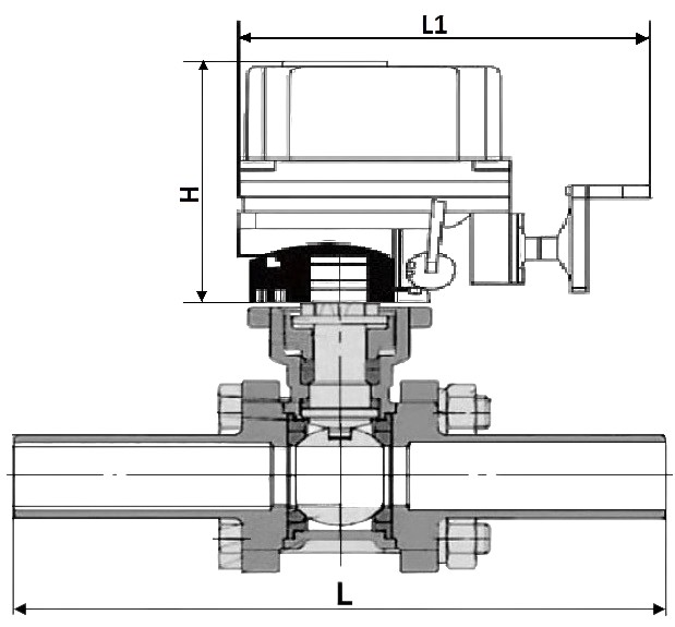 Краны шаровые DN.ru BV3232P(3pc)-FP-W-ISO-H LONG Ду10-50 Ру40-63 полнопроходные, корпус - нержавеющая сталь 316, под приварку, с 1/4-оборотным электроприводом взрывозащищенным DN.ru QT-EX-EM-O2-380VAC-У1 380В