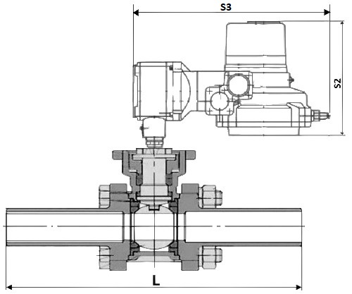 Кран шаровой DN.ru BV3232P(3pc)-FP-W-ISO-H LONG Ду65 Ру25 полнопроходной, корпус - нержавеющая сталь 316, уплотнение - PTFE, под приварку, с 1-оборотным электроприводом ГЗ-ОФ-100/30 380В