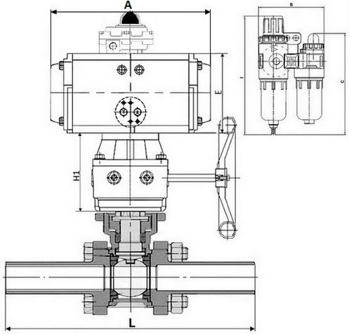 Кран шаровой DN.ru BV3131P(3pc)-FP-W-ISO-H LONG Ду65 Ру25 полнопроход., корпус - нерж.сталь 304, уплотнение - PTFE, под приварку, с пн.приводом PA-DA-083, пн.распределителем 4M310-08 24В, редуктором MON2-450-T28-ISO, БКВ APL-410N EX и БПВ AFC2000
