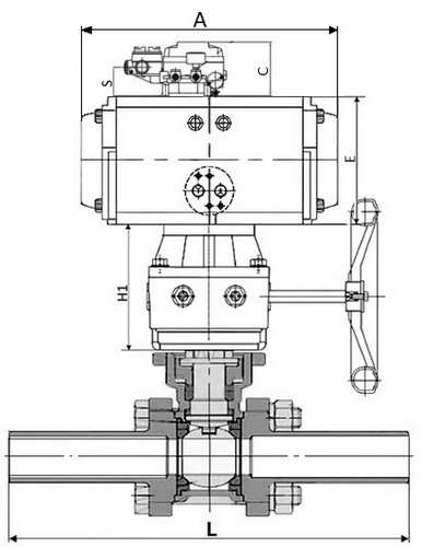 Кран шаровой DN.ru BV3232P(3pc)-FP-W-ISO-H LONG Ду80 Ру25 полнопроход., корпус - нерж.сталь 316, уплотнение - PTFE, под приварку, с пн.приводом DN.ru PA-DA-083, редуктором DN.ru MON2-450-T28-ISO и пневмопозиционером YT-1000RSN с обратной связью