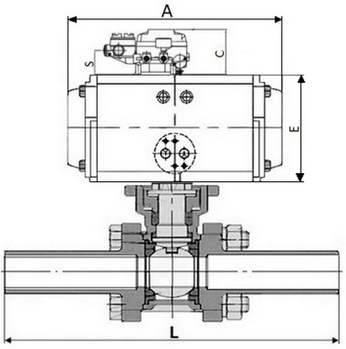 Кран шаровой DN.ru BV3232P(3pc)-FP-W-ISO-H LONG Ду15 Ру63 полнопроходной, корпус - нержавеющая сталь 316, уплотнение - PTFE, под приварку, с пневмоприводом DN.ru PA-DA-052 и пневмопозиционером YT-1000RSN без обратной связи