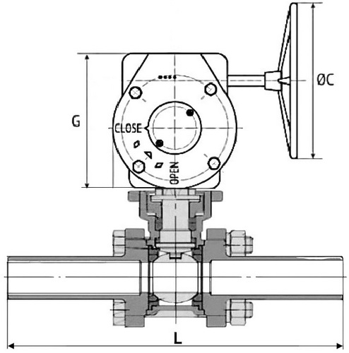 Кран шаровой DN.ru BV3131P(3pc)-FP-W-ISO-H LONG Ду65 Ру25 полнопроходной, корпус - нержавеющая сталь 304, уплотнение - PTFE, под приварку, с редуктором четвертьоборотным DN.ru RDN RQN4-500Z-T30