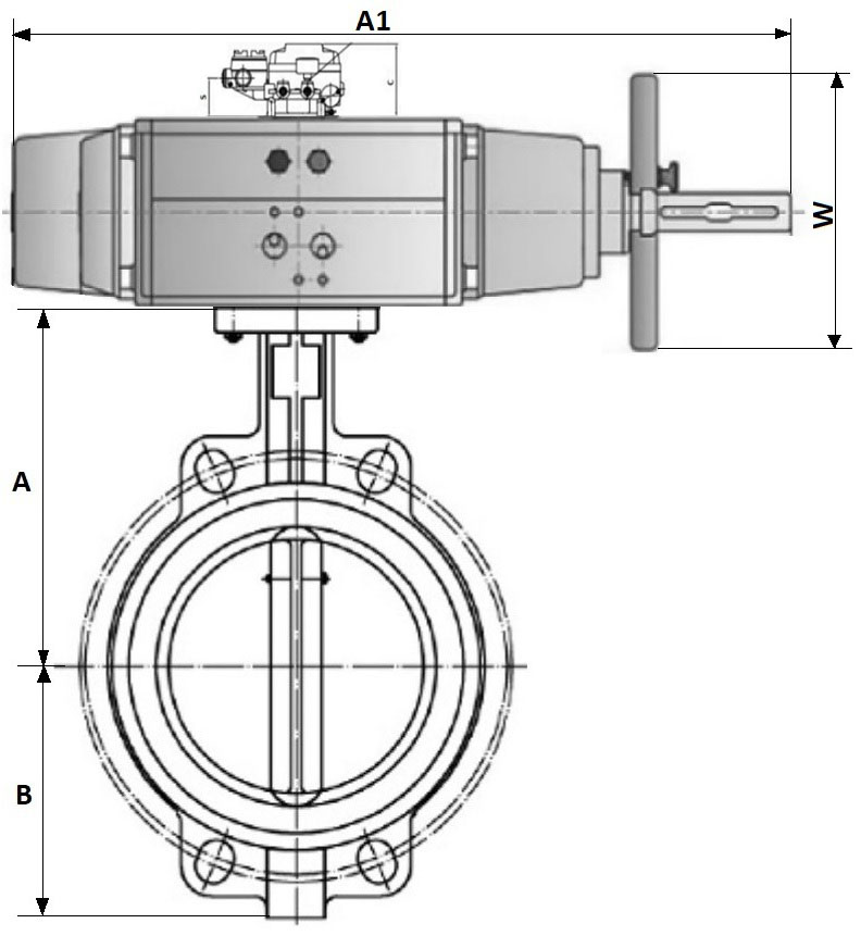 Затворы дисковые поворотные DN.ru GG25-316L-NBR Ду125-150 Ру16, межфланцевый, корпус - чугун GG25, диск - нержавеющая сталь 316L, уплотнение - NBR, с пневмоприводом PA-DA-105-1 и электропневматическим позиционером YT-1000RSN без обратной связи