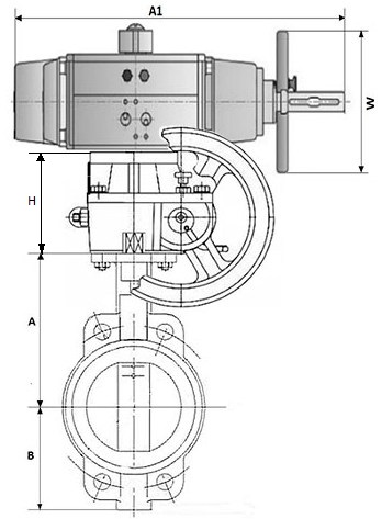 Затворы дисковые поворотные DN.ru WCB-316L-VITON Ду150 Ру16, межфланцевый, корпус - углеродистая сталь, диск - нержавеющая сталь 316L, уплотнение - VITON, с пневмоприводом PA-DA-105-1 и ручным дублером HDM-3