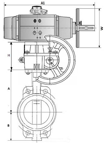 Затворы дисковые поворотные DN.ru WCB-316L-VITON Ду150 Ру16, межфланцевый, корпус - углеродистая сталь, диск - нержавеющая сталь 316L, уплотнение - VITON, с пневмоприводом PA-DA-105-1, ручным дублером HDM-3 и БКВ APL-210N